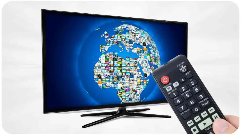 a hand is holding a remote control in front of a television screen