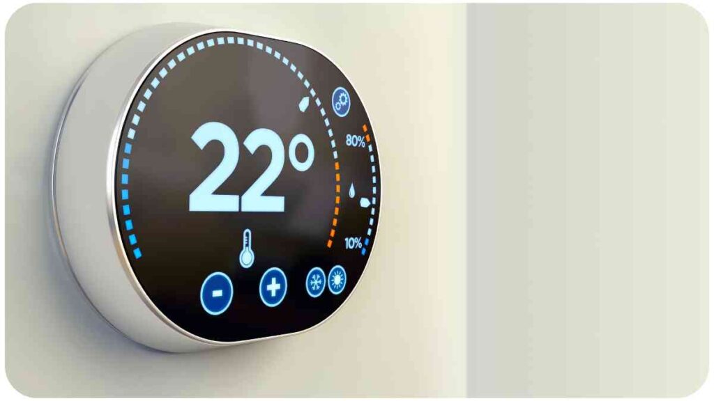 a smart thermostat is displayed on a white wall