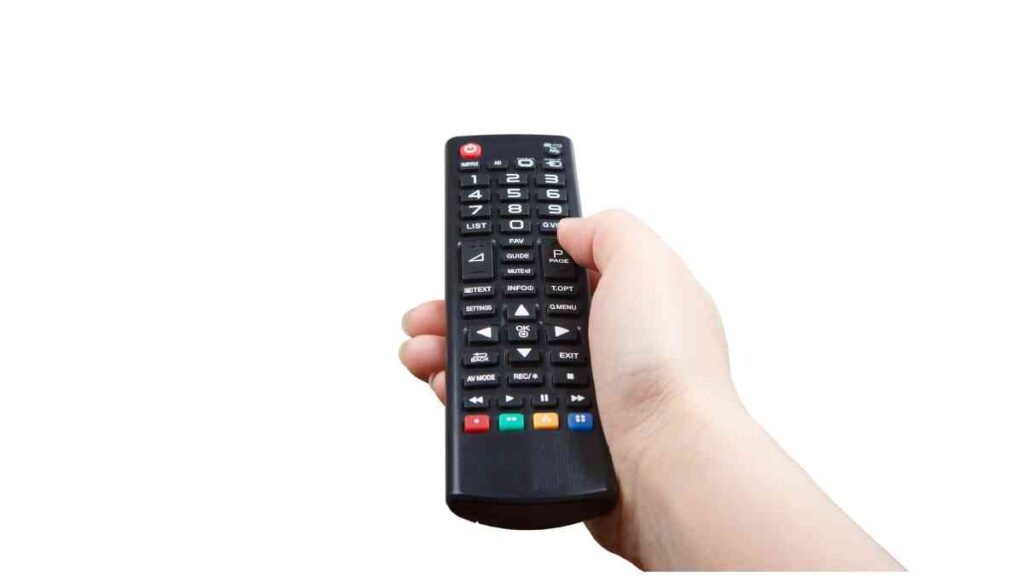 a person holding a remote control over a white background