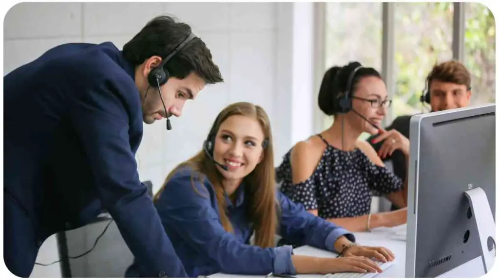 a group of people working in a call center