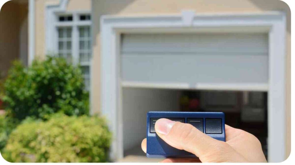 a person holding a remote control in front of a garage door
