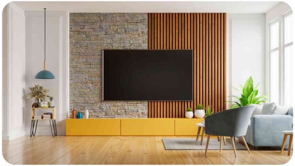 a modern living room with a large TV on the wall